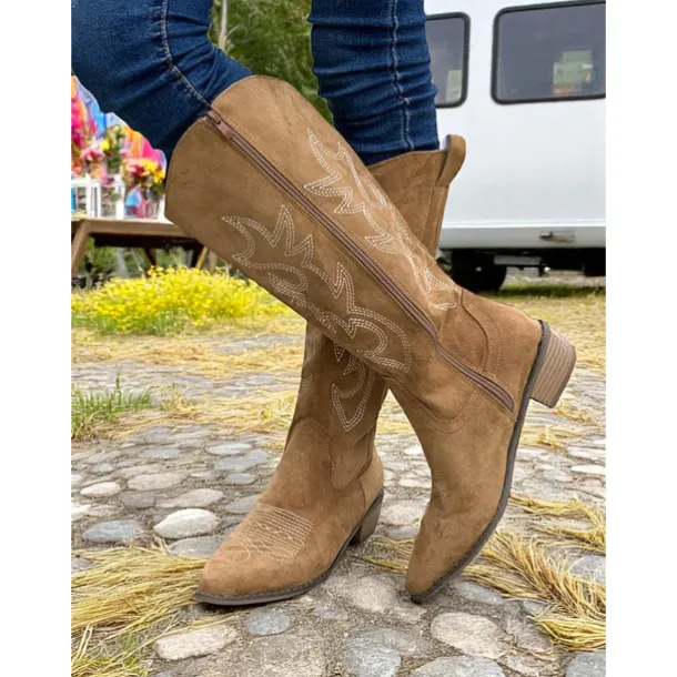 Women's Western Suede Knee High Cowboy Boots – Embroidered Tan Pointed Toe Mid Heel Riding Boots for Country Concerts, Fall Outfits, and Outdoor Events