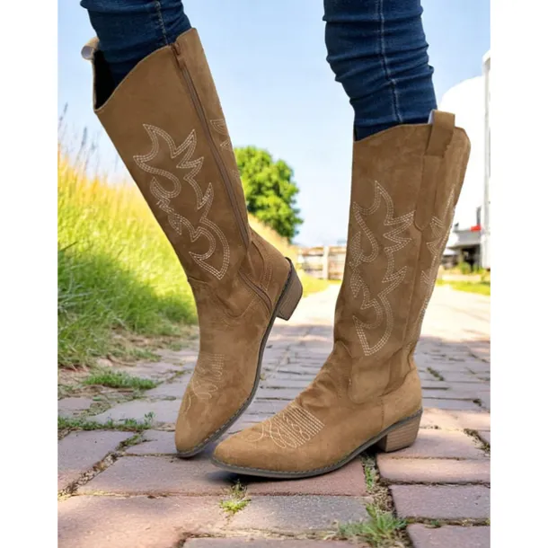 Women's Western Suede Knee High Cowboy Boots – Embroidered Tan Pointed Toe Mid Heel Riding Boots for Country Concerts, Fall Outfits, and Outdoor Events