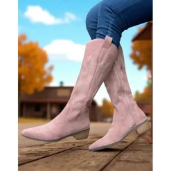 Women's Western Suede Knee High Cowboy Boots – Embroidered Tan Pointed Toe Mid Heel Riding Boots for Country Concerts, Fall Outfits, and Outdoor Events