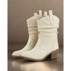 Women's Western-Inspired Cream Slouchy Suede Cowboy Boots with Low Block Heel - Perfect for Casual Wear