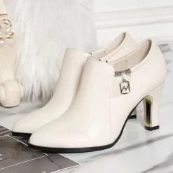 Women's White Ankle Booties – Pointed Toe High Heel Dress Boots with Zipper Detail for Elegant Office Wear, Parties & Fall Outfits