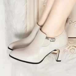 Women's White Ankle Booties – Pointed Toe High Heel Dress Boots with Zipper Detail for Elegant Office Wear, Parties & Fall Outfits