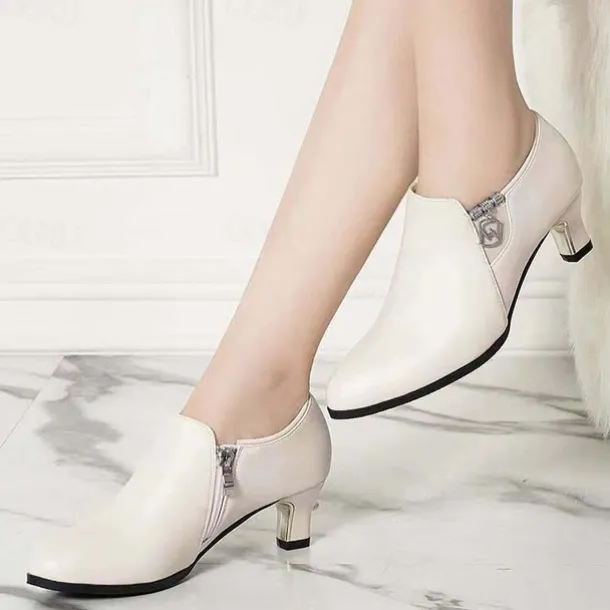 Women's White Ankle Booties – Pointed Toe High Heel Dress Boots with Zipper Detail for Elegant Office Wear, Parties & Fall Outfits
