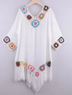 Women's White Beach Dress Mini Dress Ruffle Patchwork Vacation Beach Sexy Boho V Neck 3/4 Length Sleeve Black White Red Color