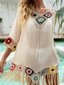 Women's White Beach Dress Mini Dress Ruffle Patchwork Vacation Beach Sexy Boho V Neck 3/4 Length Sleeve Black White Red Color