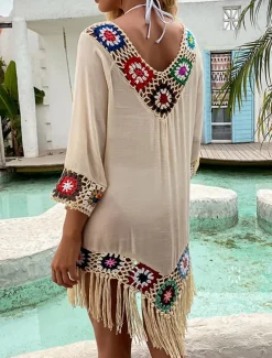 Women's White Beach Dress Mini Dress Ruffle Patchwork Vacation Beach Sexy Boho V Neck 3/4 Length Sleeve Black White Red Color