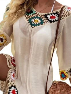 Women's White Beach Dress Mini Dress Ruffle Patchwork Vacation Beach Sexy Boho V Neck 3/4 Length Sleeve Black White Red Color
