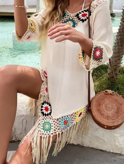 Women's White Beach Dress Mini Dress Ruffle Patchwork Vacation Beach Sexy Boho V Neck 3/4 Length Sleeve Black White Red Color