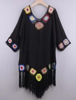 Women's White Beach Dress Mini Dress Ruffle Patchwork Vacation Beach Sexy Boho V Neck 3/4 Length Sleeve Black White Red Color