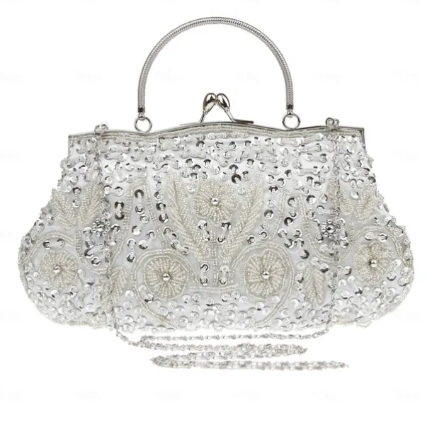 Women's White Beaded Evening Clutch Purse – Vintage Sequin Embroidered Handbag for Weddings, Formal Events, and Cocktail Parties