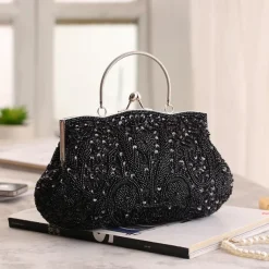 Women's White Beaded Evening Clutch Purse – Vintage Sequin Embroidered Handbag for Weddings, Formal Events, and Cocktail Parties