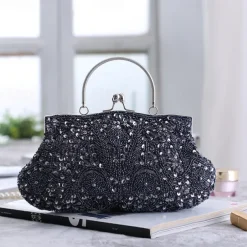 Women's White Beaded Evening Clutch Purse – Vintage Sequin Embroidered Handbag for Weddings, Formal Events, and Cocktail Parties