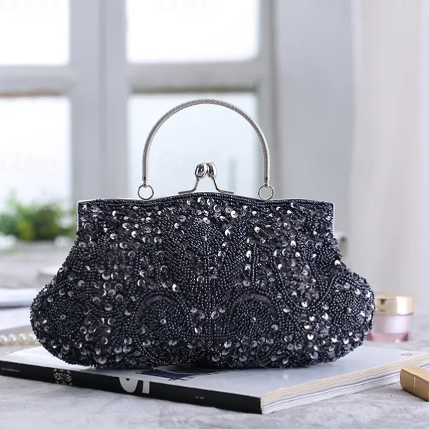 Women's White Beaded Evening Clutch Purse – Vintage Sequin Embroidered Handbag for Weddings, Formal Events, and Cocktail Parties