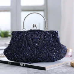 Women's White Beaded Evening Clutch Purse – Vintage Sequin Embroidered Handbag for Weddings, Formal Events, and Cocktail Parties