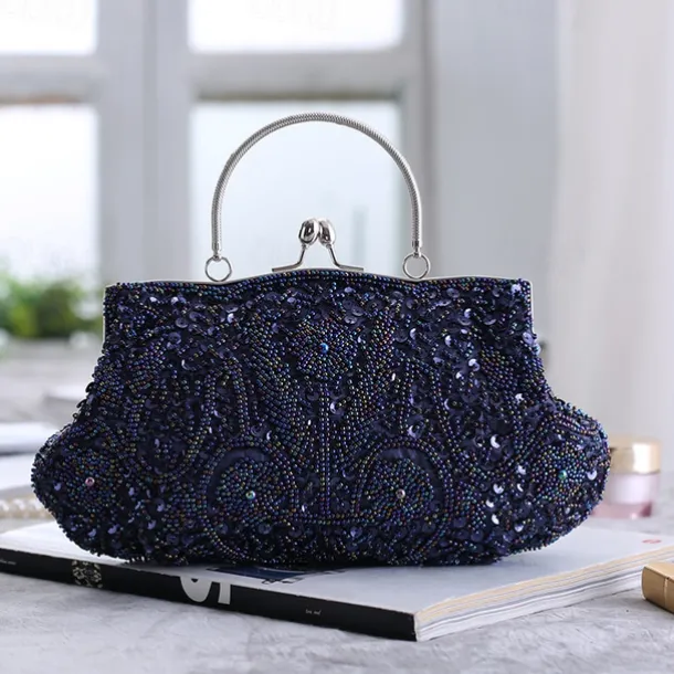 Women's White Beaded Evening Clutch Purse – Vintage Sequin Embroidered Handbag for Weddings, Formal Events, and Cocktail Parties