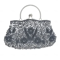 Women's White Beaded Evening Clutch Purse – Vintage Sequin Embroidered Handbag for Weddings, Formal Events, and Cocktail Parties