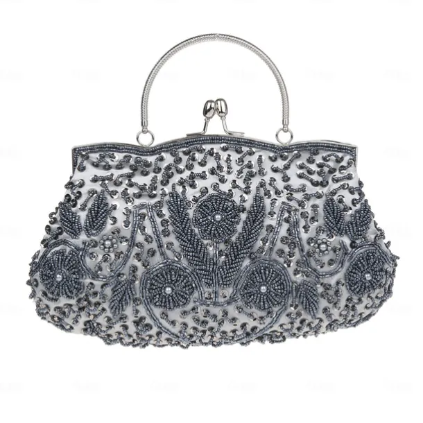 Women's White Beaded Evening Clutch Purse – Vintage Sequin Embroidered Handbag for Weddings, Formal Events, and Cocktail Parties