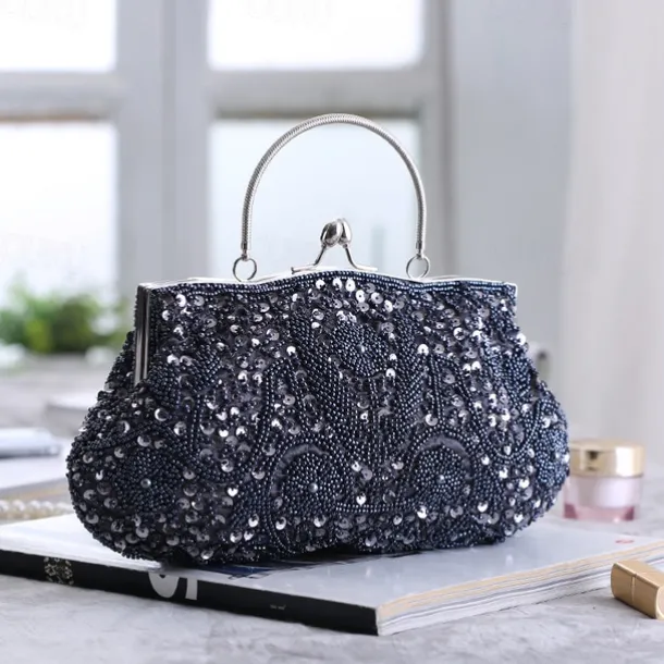 Women's White Beaded Evening Clutch Purse – Vintage Sequin Embroidered Handbag for Weddings, Formal Events, and Cocktail Parties