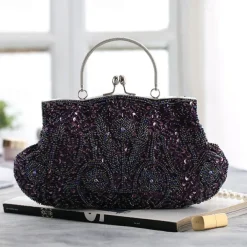 Women's White Beaded Evening Clutch Purse – Vintage Sequin Embroidered Handbag for Weddings, Formal Events, and Cocktail Parties