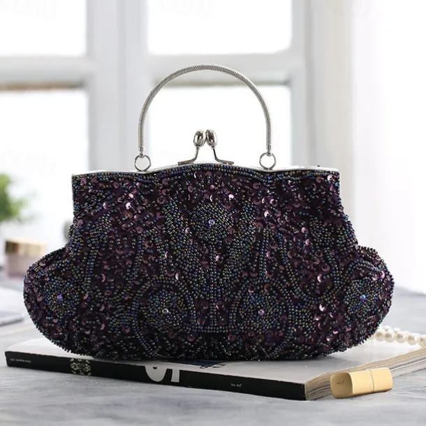 Women's White Beaded Evening Clutch Purse – Vintage Sequin Embroidered Handbag for Weddings, Formal Events, and Cocktail Parties