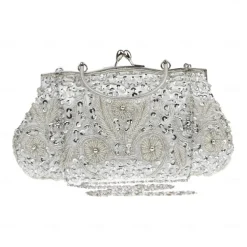 Women's White Beaded Evening Clutch Purse – Vintage Sequin Embroidered Handbag for Weddings, Formal Events, and Cocktail Parties