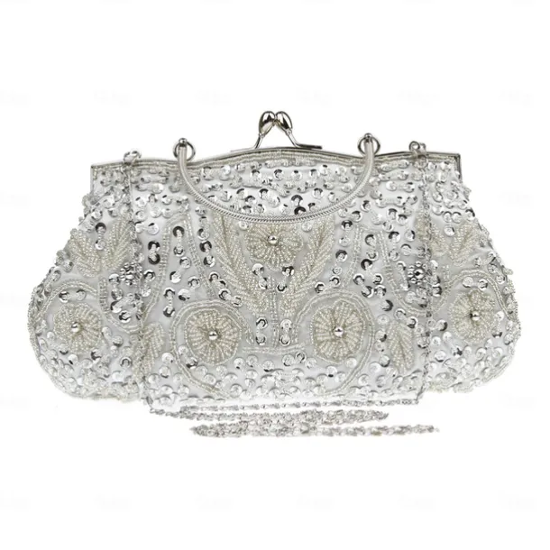 Women's White Beaded Evening Clutch Purse – Vintage Sequin Embroidered Handbag for Weddings, Formal Events, and Cocktail Parties