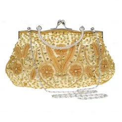 Women's White Beaded Evening Clutch Purse – Vintage Sequin Embroidered Handbag for Weddings, Formal Events, and Cocktail Parties