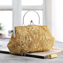 Women's White Beaded Evening Clutch Purse – Vintage Sequin Embroidered Handbag for Weddings, Formal Events, and Cocktail Parties