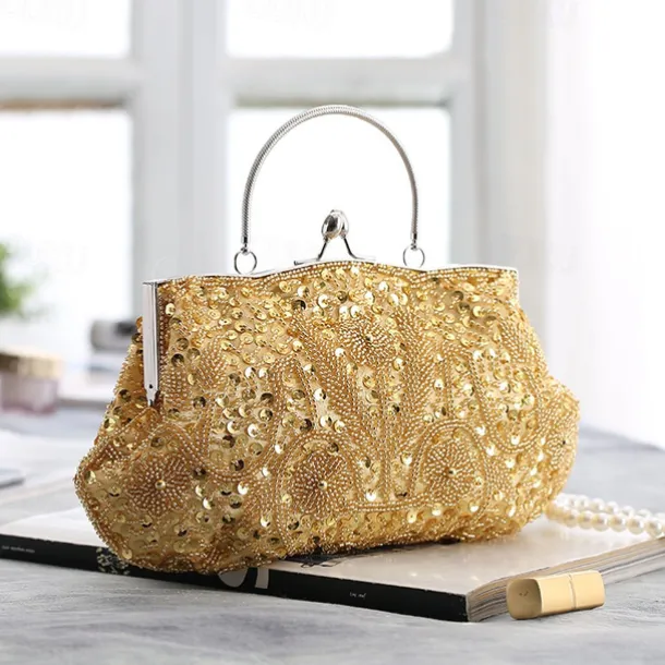 Women's White Beaded Evening Clutch Purse – Vintage Sequin Embroidered Handbag for Weddings, Formal Events, and Cocktail Parties