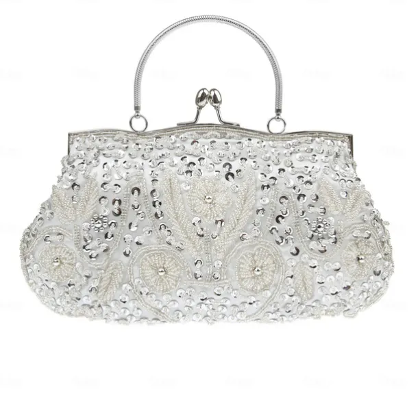 Women's White Beaded Evening Clutch Purse – Vintage Sequin Embroidered Handbag for Weddings, Formal Events, and Cocktail Parties