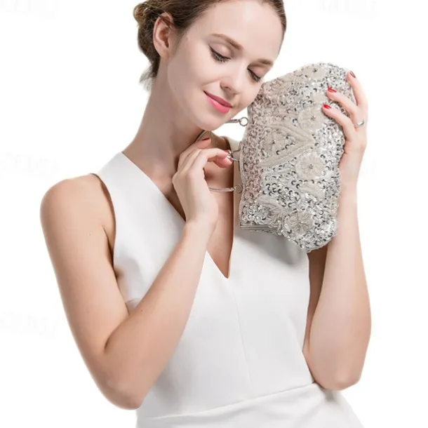 Women's White Beaded Evening Clutch Purse – Vintage Sequin Embroidered Handbag for Weddings, Formal Events, and Cocktail Parties