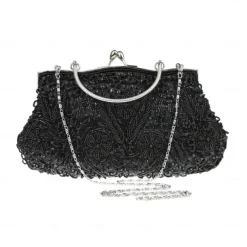 Women's White Beaded Evening Clutch Purse – Vintage Sequin Embroidered Handbag for Weddings, Formal Events, and Cocktail Parties