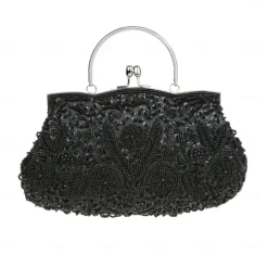 Women's White Beaded Evening Clutch Purse – Vintage Sequin Embroidered Handbag for Weddings, Formal Events, and Cocktail Parties