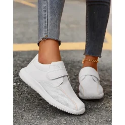 Women's White Breathable Mesh Sneakers with Velcro Strap – Lightweight Athletic Shoes for Walking and Fitness