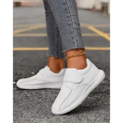 Women's White Breathable Mesh Sneakers with Velcro Strap – Lightweight Athletic Shoes for Walking and Fitness