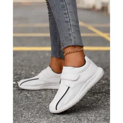 Women's White Breathable Mesh Sneakers with Velcro Strap – Lightweight Athletic Shoes for Walking and Fitness