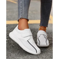Women's White Breathable Mesh Sneakers with Velcro Strap – Lightweight Athletic Shoes for Walking and Fitness