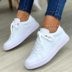 Women's White Casual Lace-Up Sneakers with Cushioned Sole - Trendy Everyday Walking Shoes