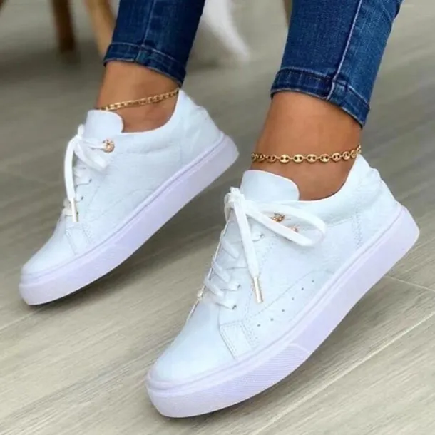 Women's White Casual Lace-Up Sneakers with Cushioned Sole - Trendy Everyday Walking Shoes