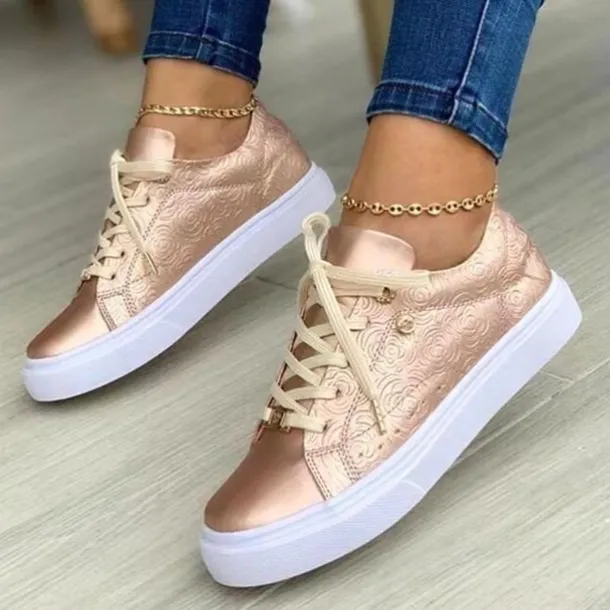 Women's White Casual Lace-Up Sneakers with Cushioned Sole - Trendy Everyday Walking Shoes