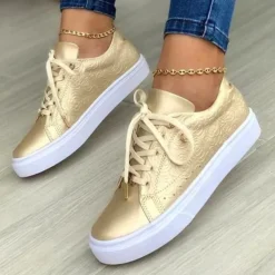 Women's White Casual Lace-Up Sneakers with Cushioned Sole - Trendy Everyday Walking Shoes