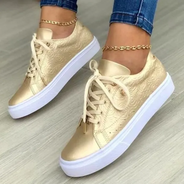 Women's White Casual Lace-Up Sneakers with Cushioned Sole - Trendy Everyday Walking Shoes