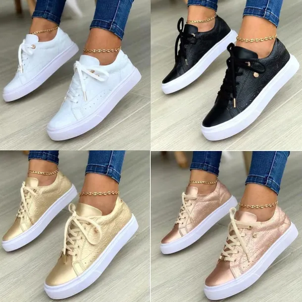 Women's White Casual Lace-Up Sneakers with Cushioned Sole - Trendy Everyday Walking Shoes