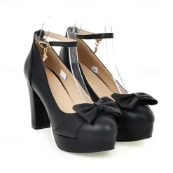 Women's White Chunky Heels with Bow Detail – Elegant Platform Pumps with Ankle Strap for Weddings and Formal Occasions