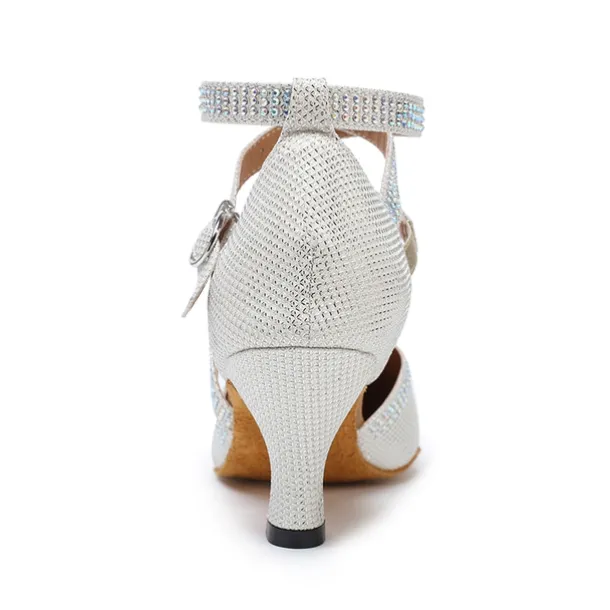 Women's White Crystal - Encrusted Strappy Dance Shoes, Soft Suede Sole & Round Toe, Elegant for Ballroom & Latin Dance