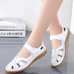Women's White Cut-Out Faux Leather Sandals with Velcro Strap – Comfortable Casual Walking Shoes for Summer