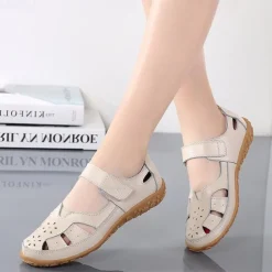 Women's White Cut-Out Faux Leather Sandals with Velcro Strap – Comfortable Casual Walking Shoes for Summer