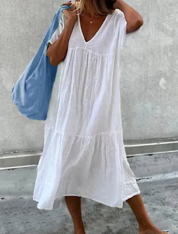 Women's White Dress Linen Dress White Cotton Dress Midi Dress Ruched Casual Daily Vacation V Neck Short Sleeve Summer Spring Black White Plain