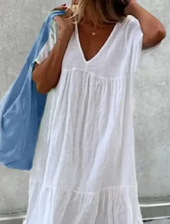 Women's White Dress Linen Dress White Cotton Dress Midi Dress Ruched Casual Daily Vacation V Neck Short Sleeve Summer Spring Black White Plain