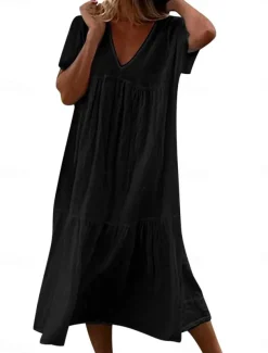 Women's White Dress Linen Dress White Cotton Dress Midi Dress Ruched Casual Daily Vacation V Neck Short Sleeve Summer Spring Black White Plain